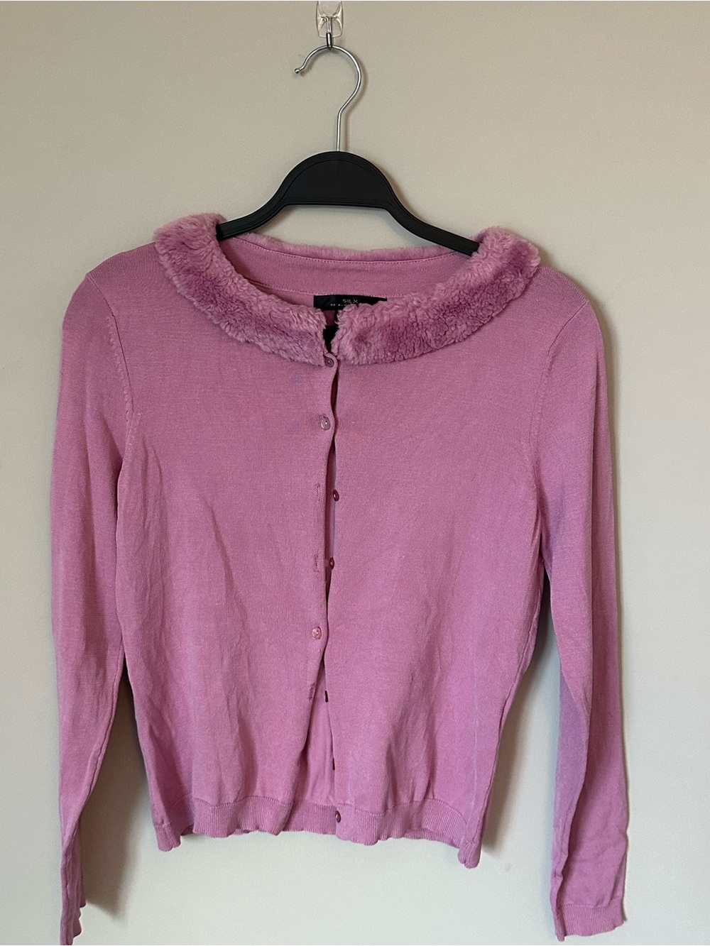 Silx by August Silk Lilac Button-Front Cardigan with Faux Fur Collar